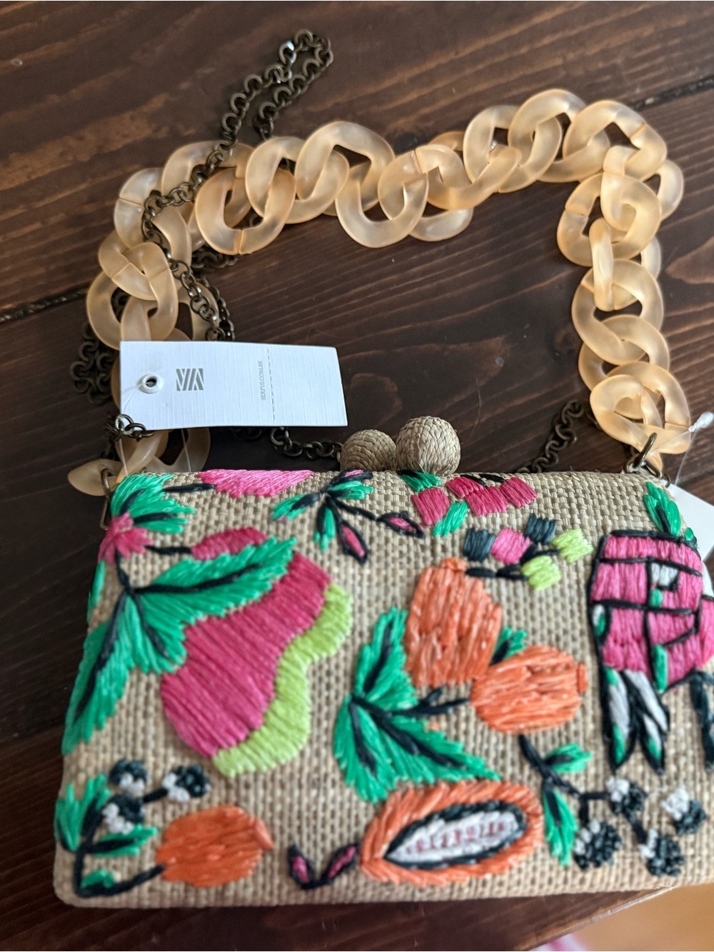 Serpui Candice Embroidered Straw Clutch in toast with Cream Chain Strap